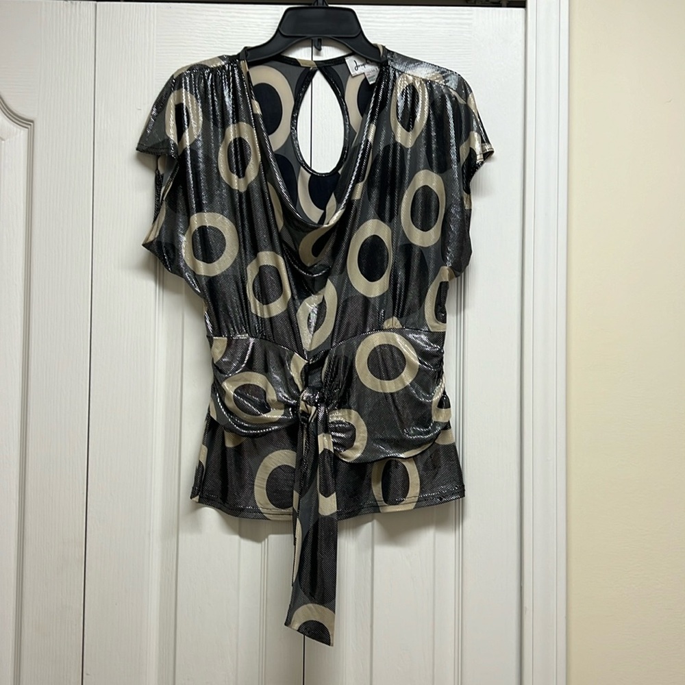 Joseph Ribkoff Black and Tan Metallic Polka Dots Top with Tie Front Size 8